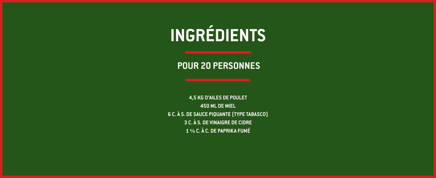 Le texte indique « INGRÉDIENTS » et « POUR 20 PERSONNES » sur fond vert. Format de recette ou de liste d'ingrédients dans les diapositives de présentation.