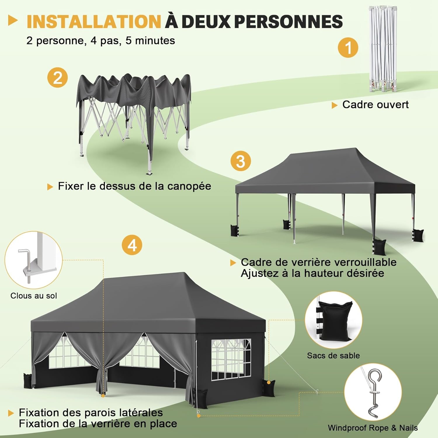Devoko - Tonnelle pliante 3x6m - Toile Oxford, parois latérales, hauteur réglable