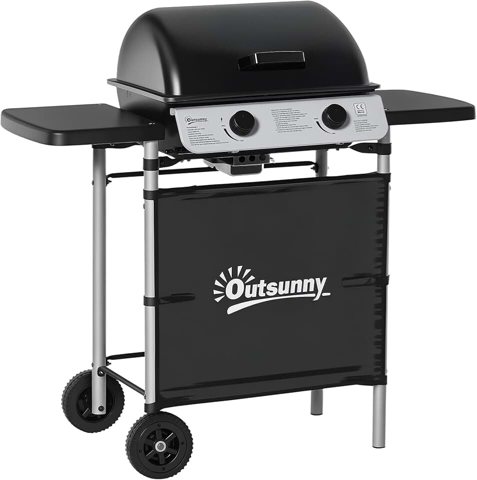 Outsunny - Barbecue gaz 2 brûleurs inox, 2 grilles, 2,8kW, 2 étagères, 2 roues, noir