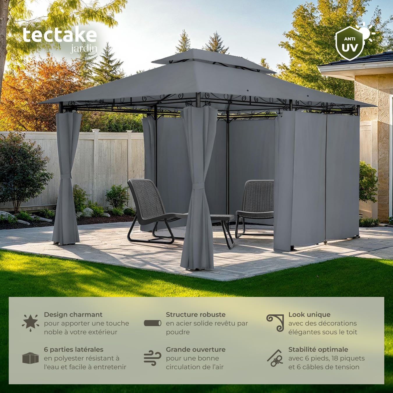 tectake - tonnelle de jardin 4x3m - acier epoxy, imperméable, rideaux, UV50+