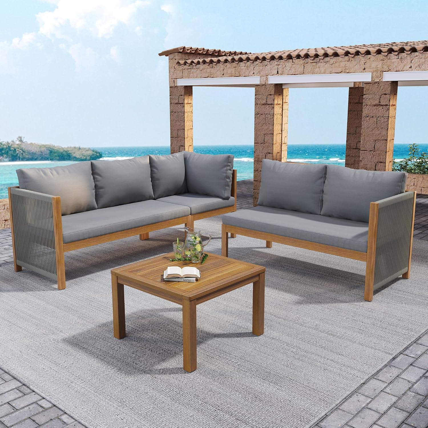 Sapgaks - Ensemble salon jardin d'angle 5p - Acacia et corde tressée - Table basse
