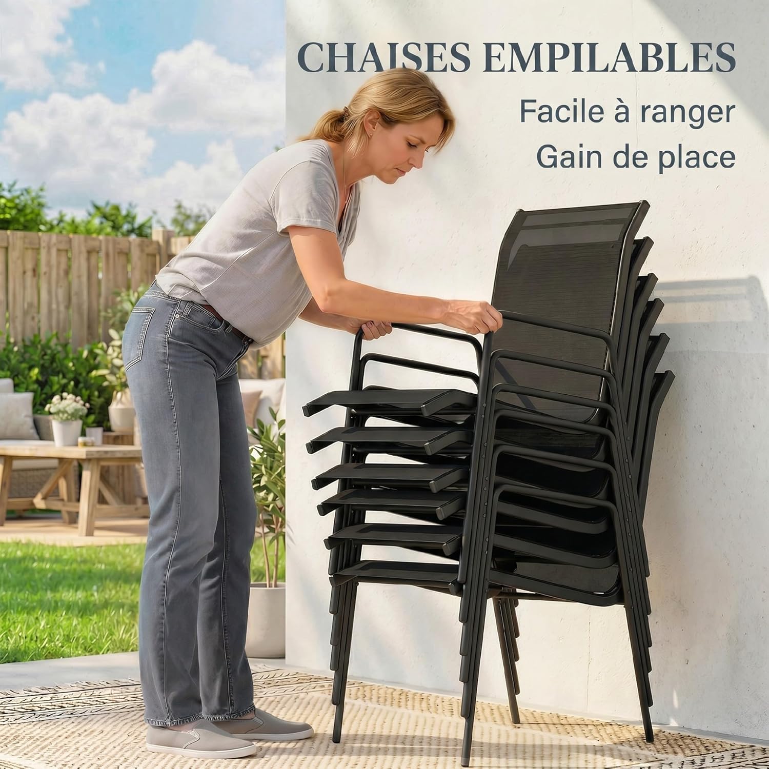 Outsunny - salon de jardin 6 places - table verre trempé, chaises empilables, textilène, noir