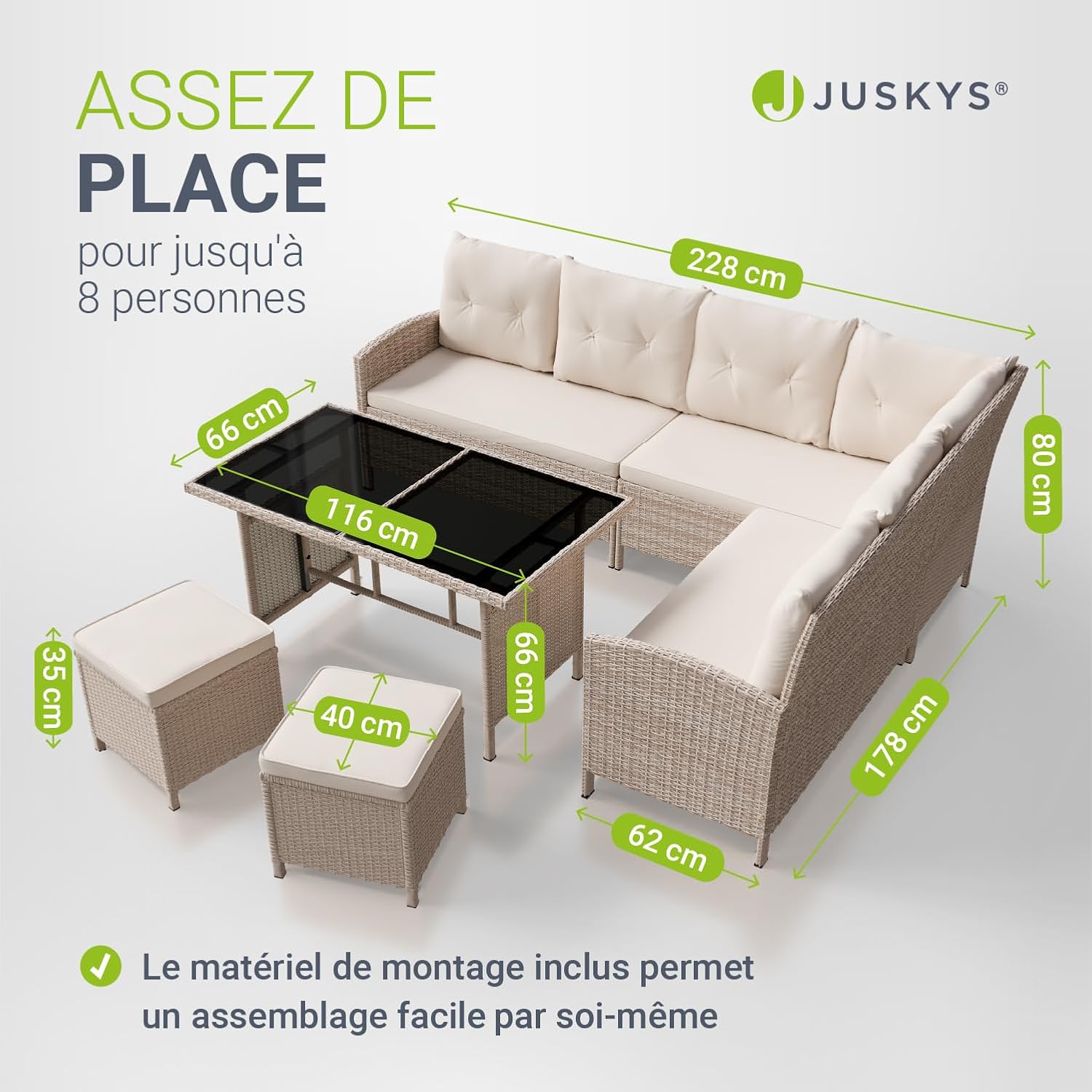 Juskys - Salon Manacor - canapé d’angle, table, 2 poufs, crème,  jardin