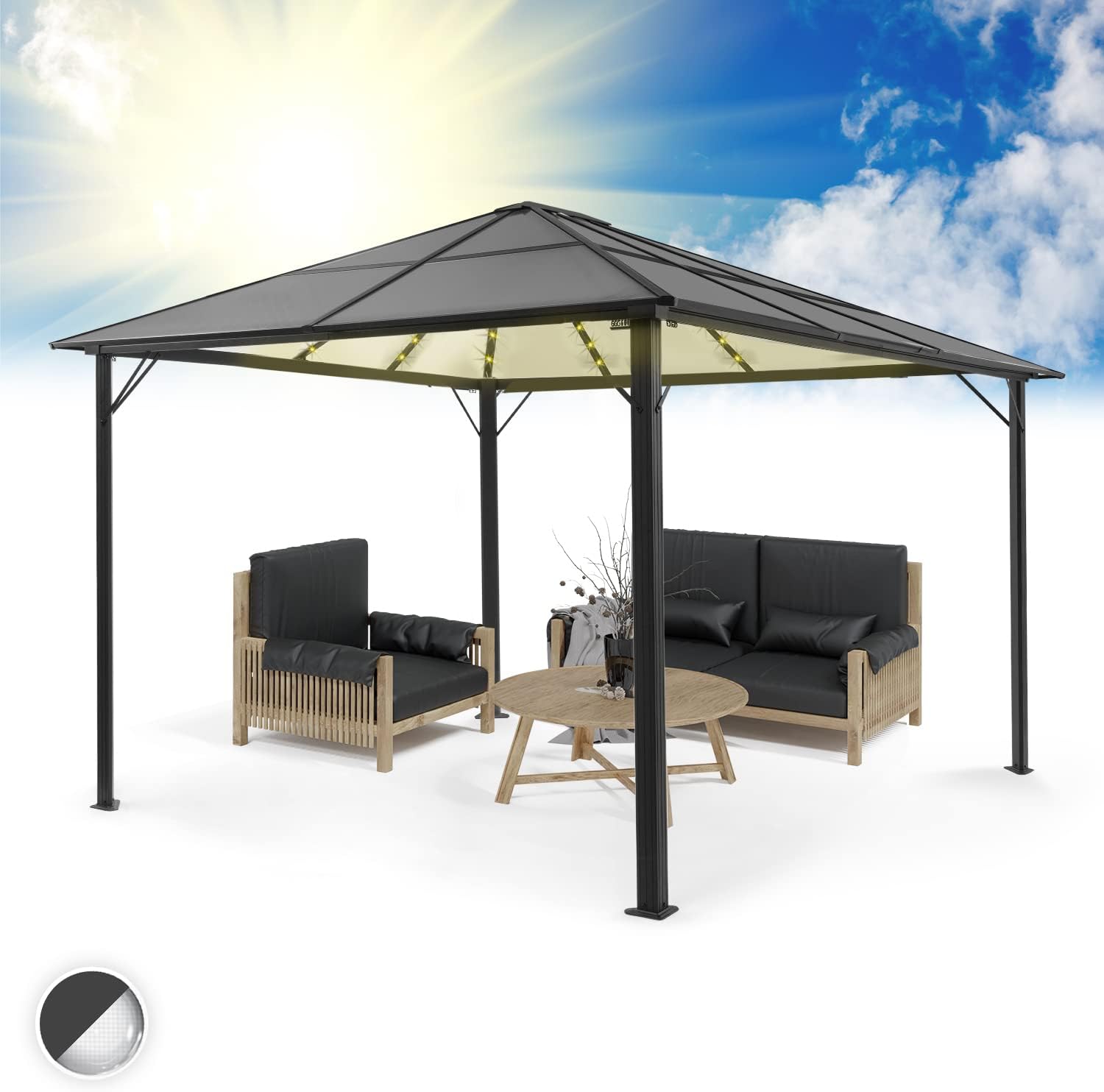 Blumfeldt - Pergola série polycarbonate - 3x4m - toit anti-UV, LED, rideau