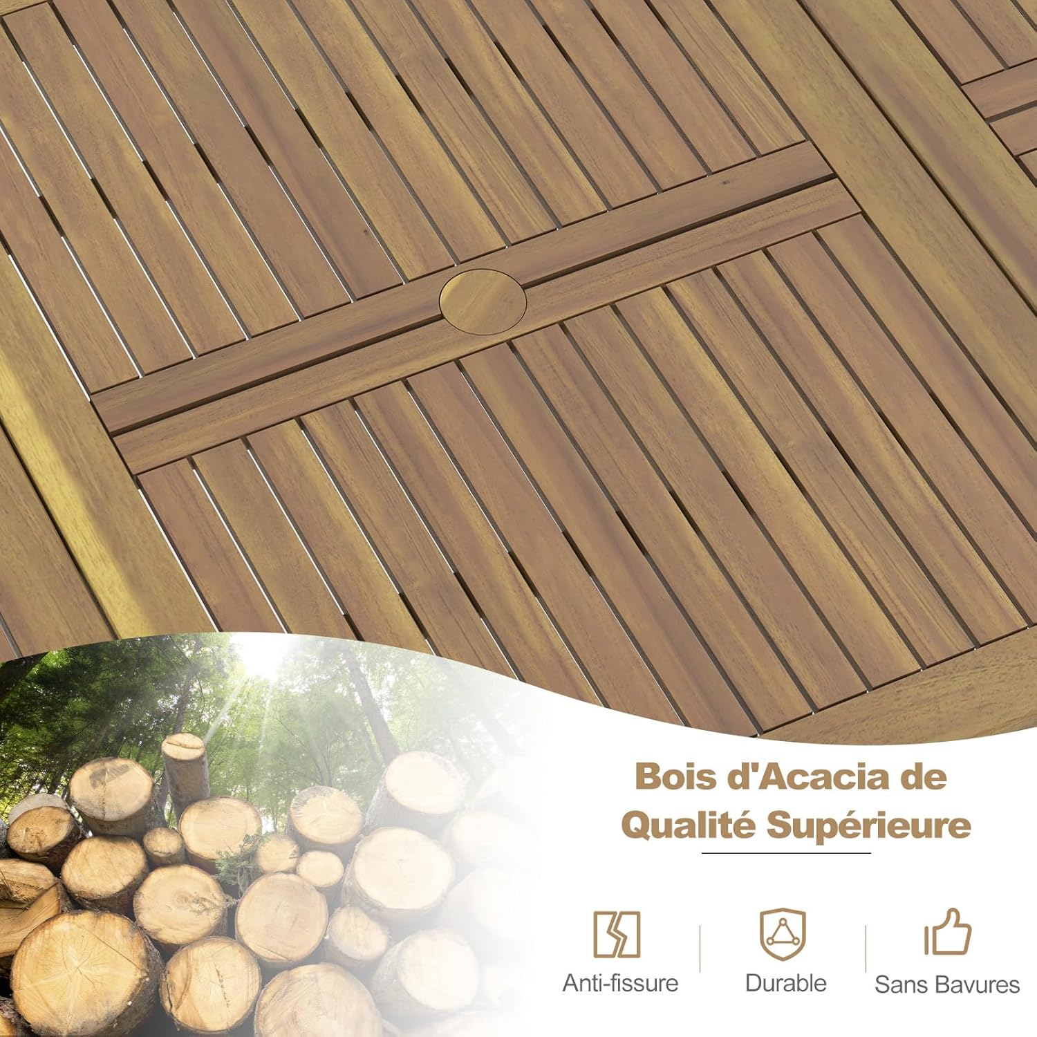 Costway - Table de jardin rectangulaire 200 cm, bois acacia, 8 pers, trou parasol, pieds métal