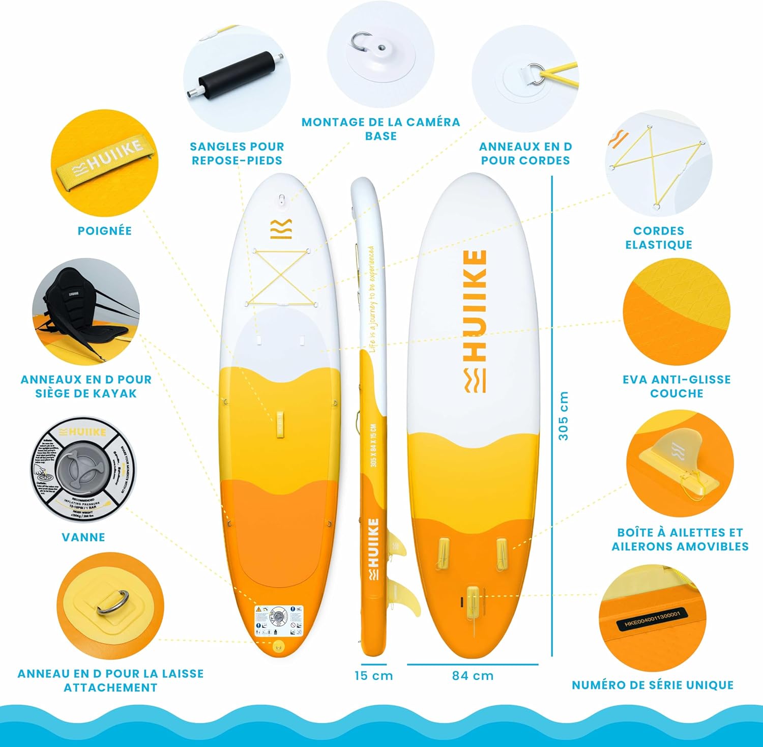 HUIIKE - Paddle gonflable adulte - 305x84x15 cm - stabilité, accessoires inclus