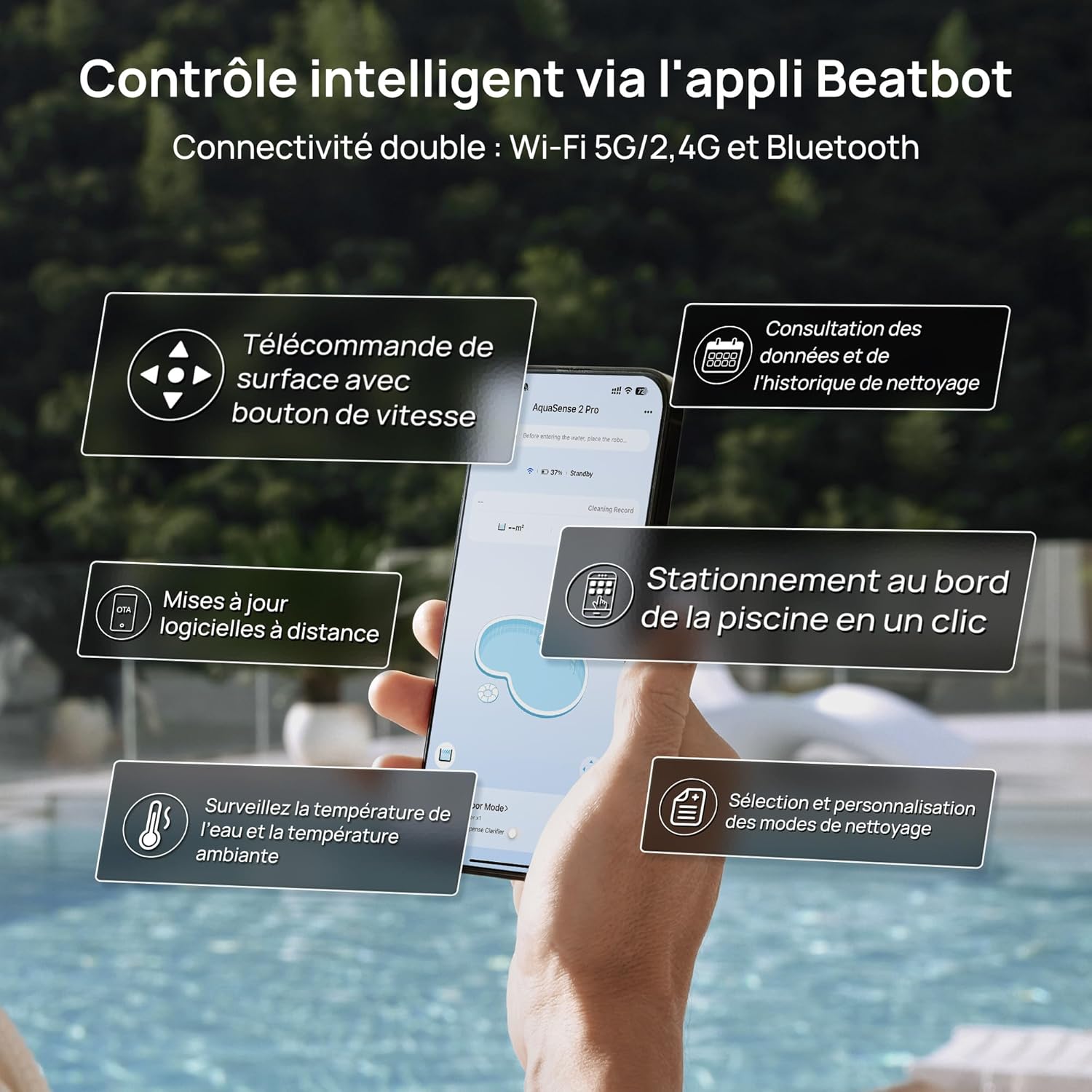 Beatbot AquaSense 2 Pro Robot Piscine sans Fil, nettoie Le Fond, Parois et flottaison, Aspirateur Piscine avec Remontée Automatique, jusqu'à 11 Heures, pour piscines jusqu'à 360 m²