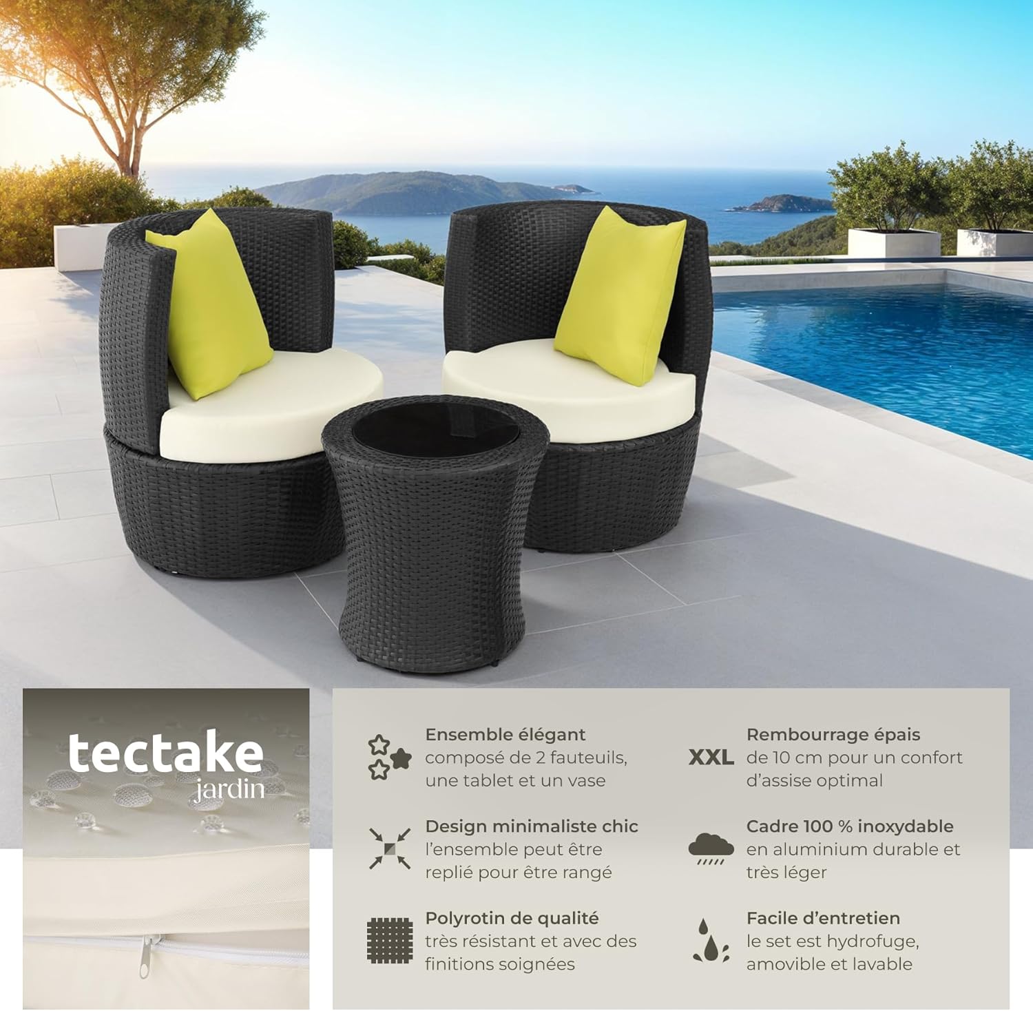 tectake - Salon de jardin 2 places - alu & rotin, table, coussins, pot