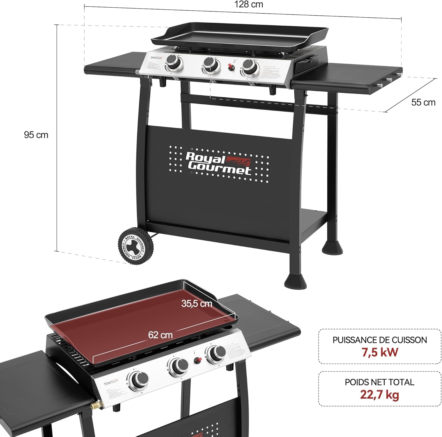 Royal Gourmet - Plancha sur chariot 62x35,5cm - 3 brûleurs puissants 7,5kW