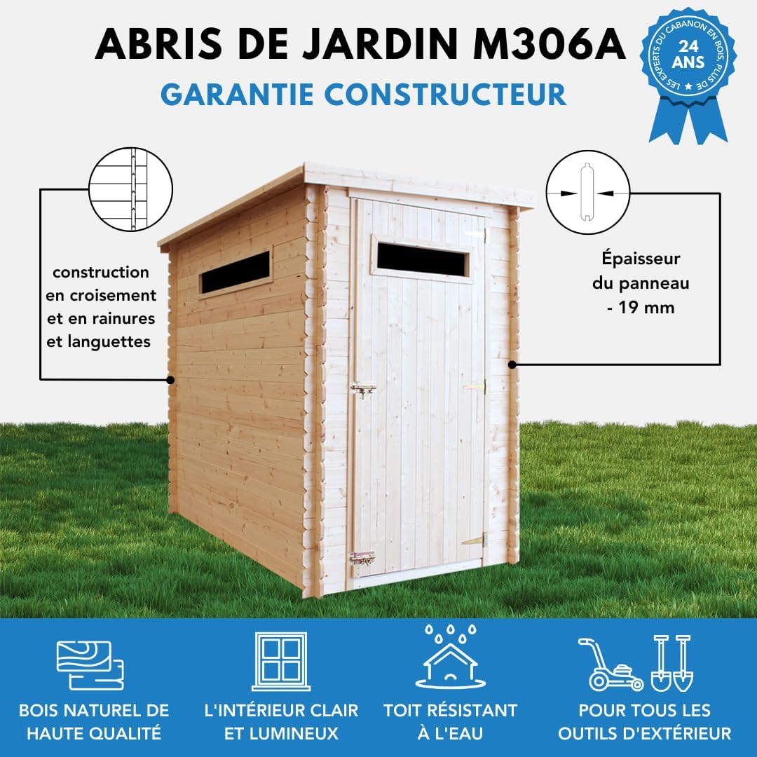 Abri de Jardin en Bois, Petite fenêtre - Stockage extérieur l239xL144xH198 cm/2.63 m2 - Petit abri à Outils, Local à vélos - Toit imperméable, fenêtres TIMBELA M306A