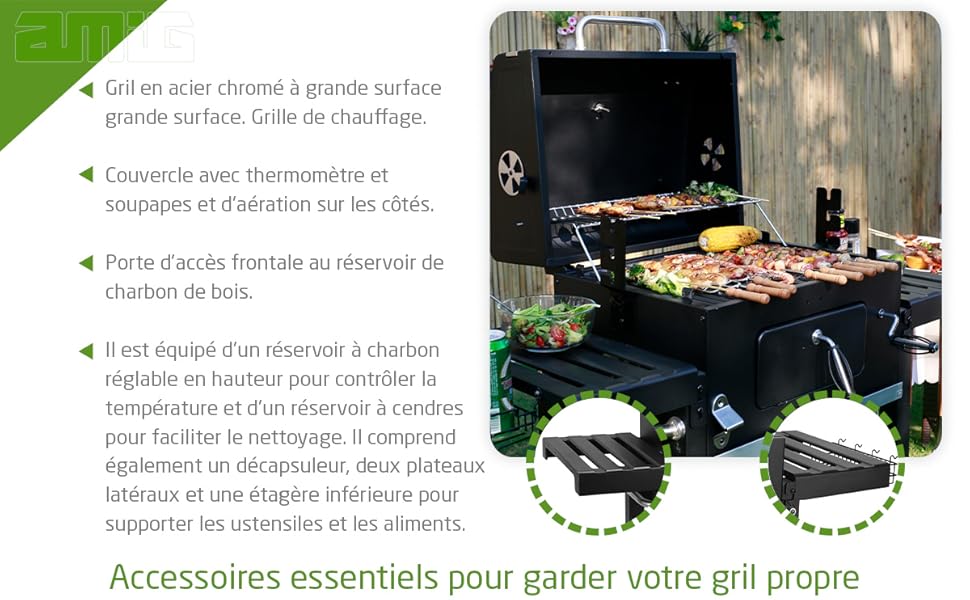 Amig - Fireplus Barbecue au Charbon de Bois ou au Bois | Barbecue avec Roues et Plateaux Latéraux