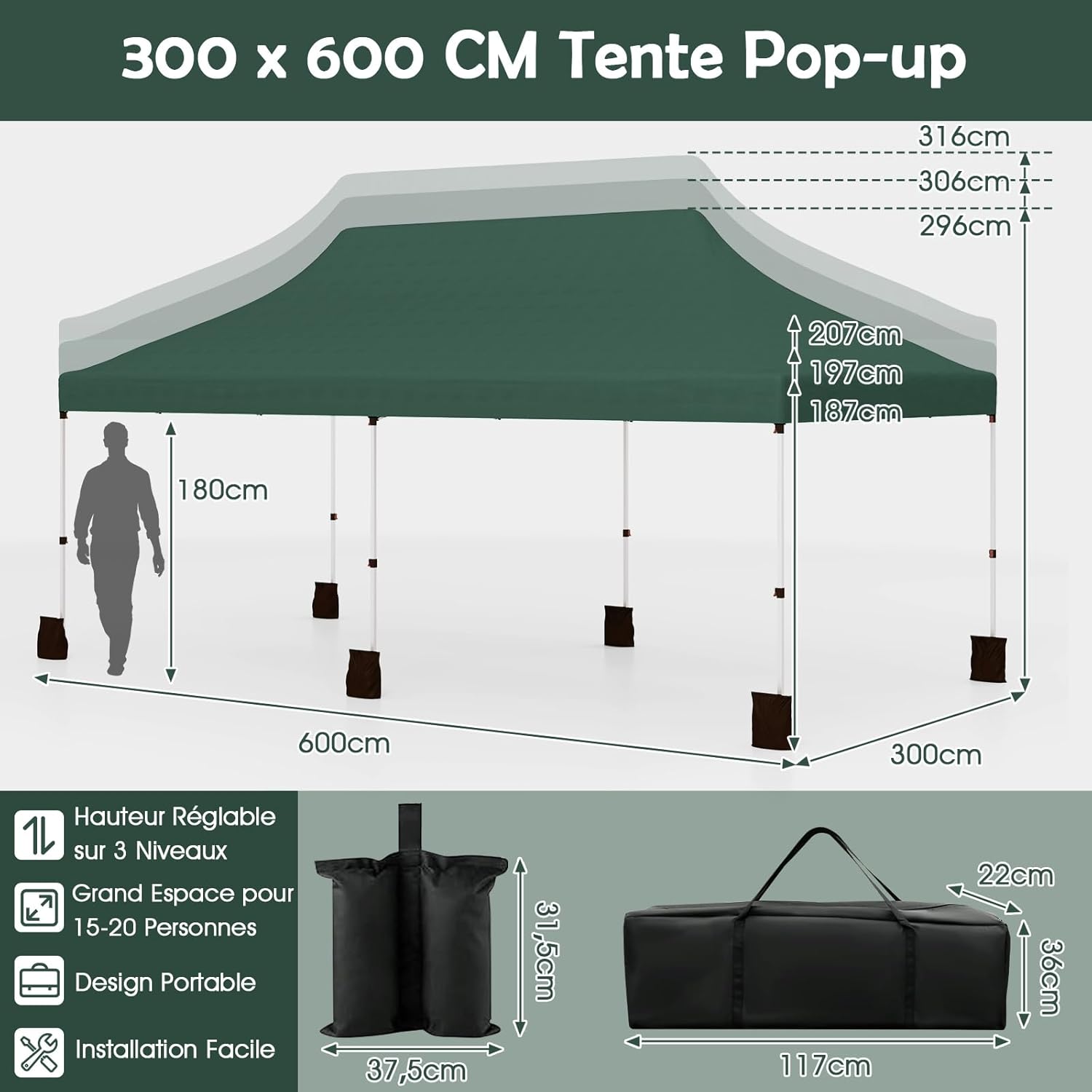 GOPLUS - Barnum pliant série jardin - 3x6m - imperméable, sac transport
