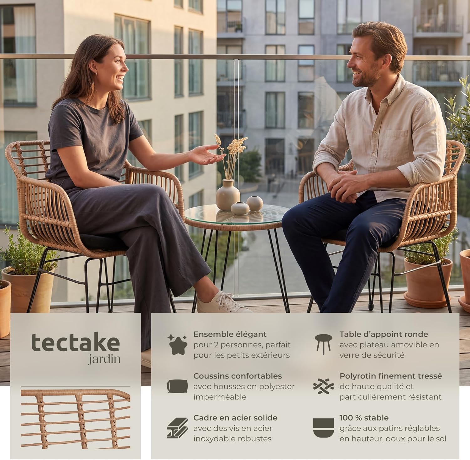tectake - salon de jardin 3 pcs - fauteuils + table verre, coussins amovibles, extérieur balcons