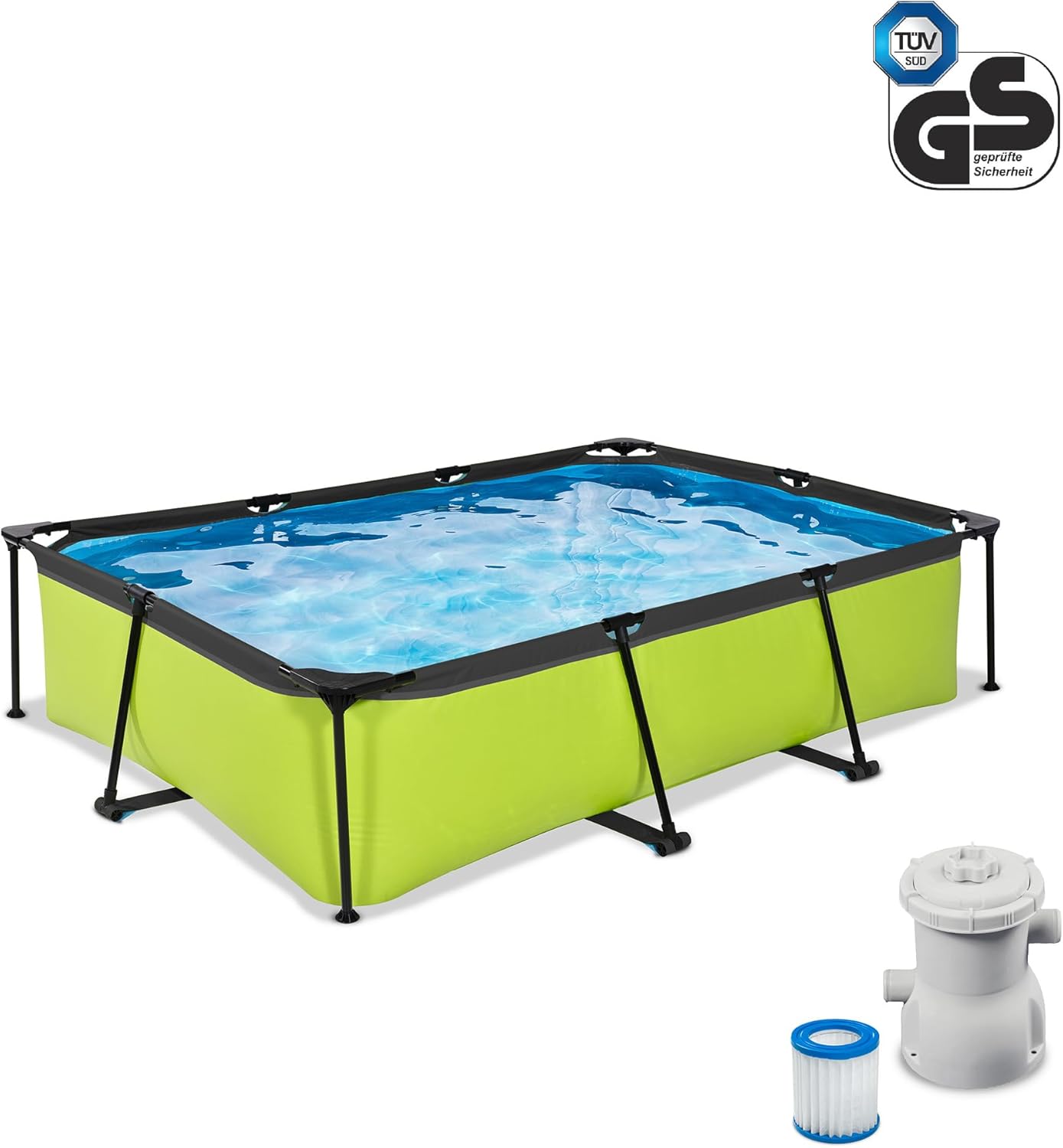 EXIT TOYS Piscine Lime - 300x200x65cm - Piscine Hors Sol Rectangulaire avec Pompe Filtrante à Cartouche - Entrée Basse - Idéal pour Les Jeunes Enfants - Cadre Stable - Design Unique - Vert