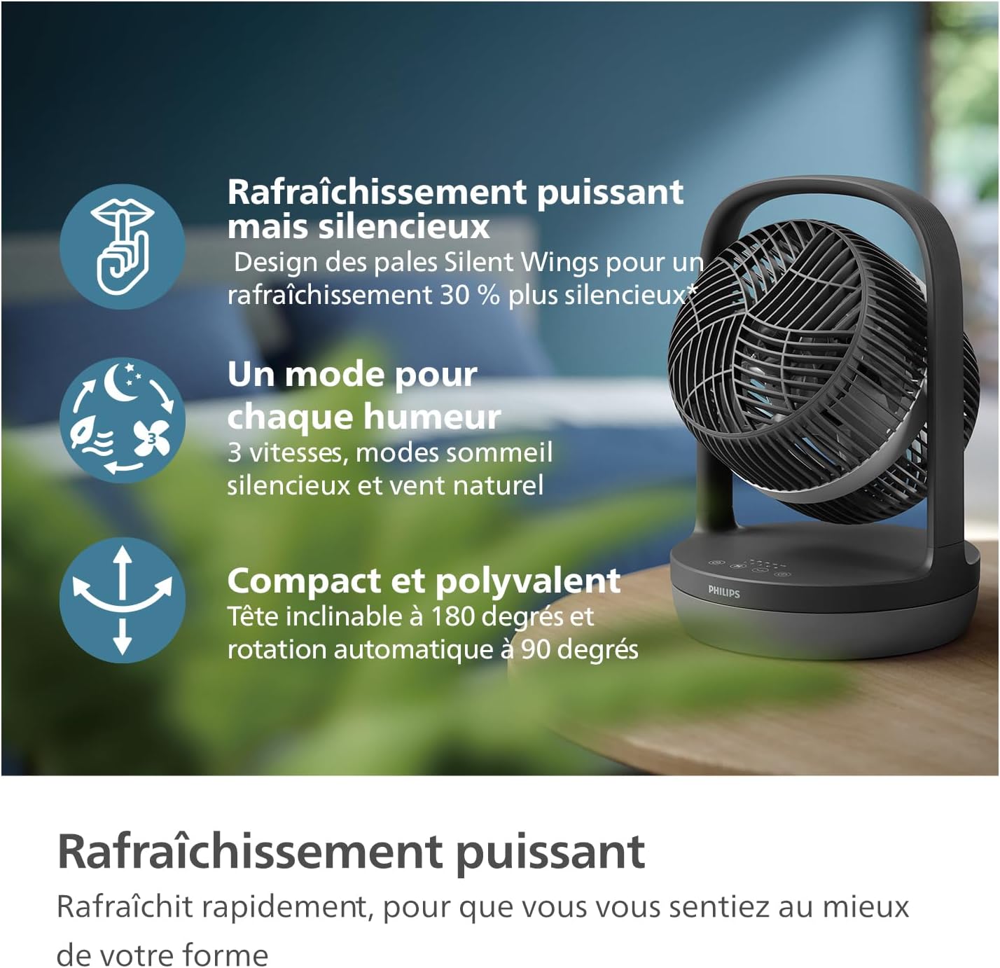 Philips Ventilateur de Table Oscillant Série 3000. Puissant & Silencieux Technologie SilentWings. 23dB. Circulation de l'air. Réglable à 180°. Pour Chambre, Maison et Bureau. Noir (CX3050/01)