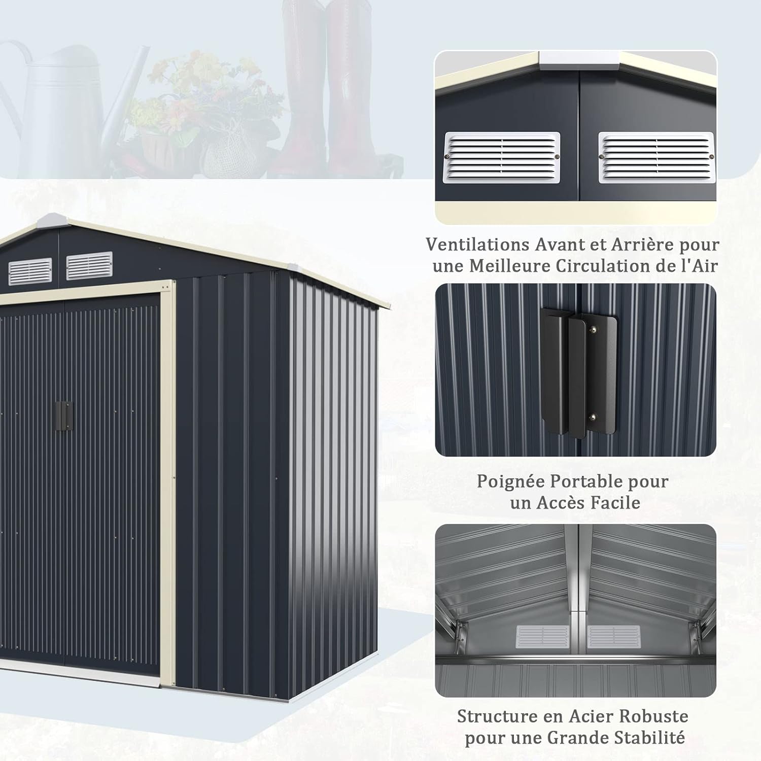 GOPLUS 2,37㎡ Abri de Jardin Métal Galvanisé, Cabine de Jardin Extérieur Portes Coulissantes, Résistant aux Intempérie, 4,63m³, Cabane de Rangement à Outils, 213 x 127 x 195 cm, Gris