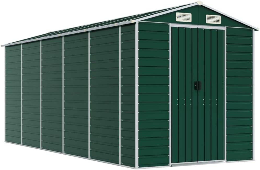 vidaXL Abri de Jardin, Cabane à Outils avec Poignées, Remise à Outils avec Toit Inclinable, Abri de Rangement Terrasse, Vert 191x470x198 cm Acier Galvanisé