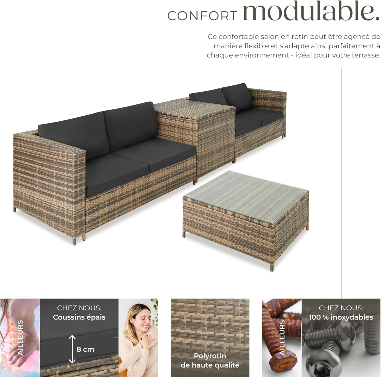 tectake - Ensemble salon Poly Rotin 4 pers. modulable, coffre, verre