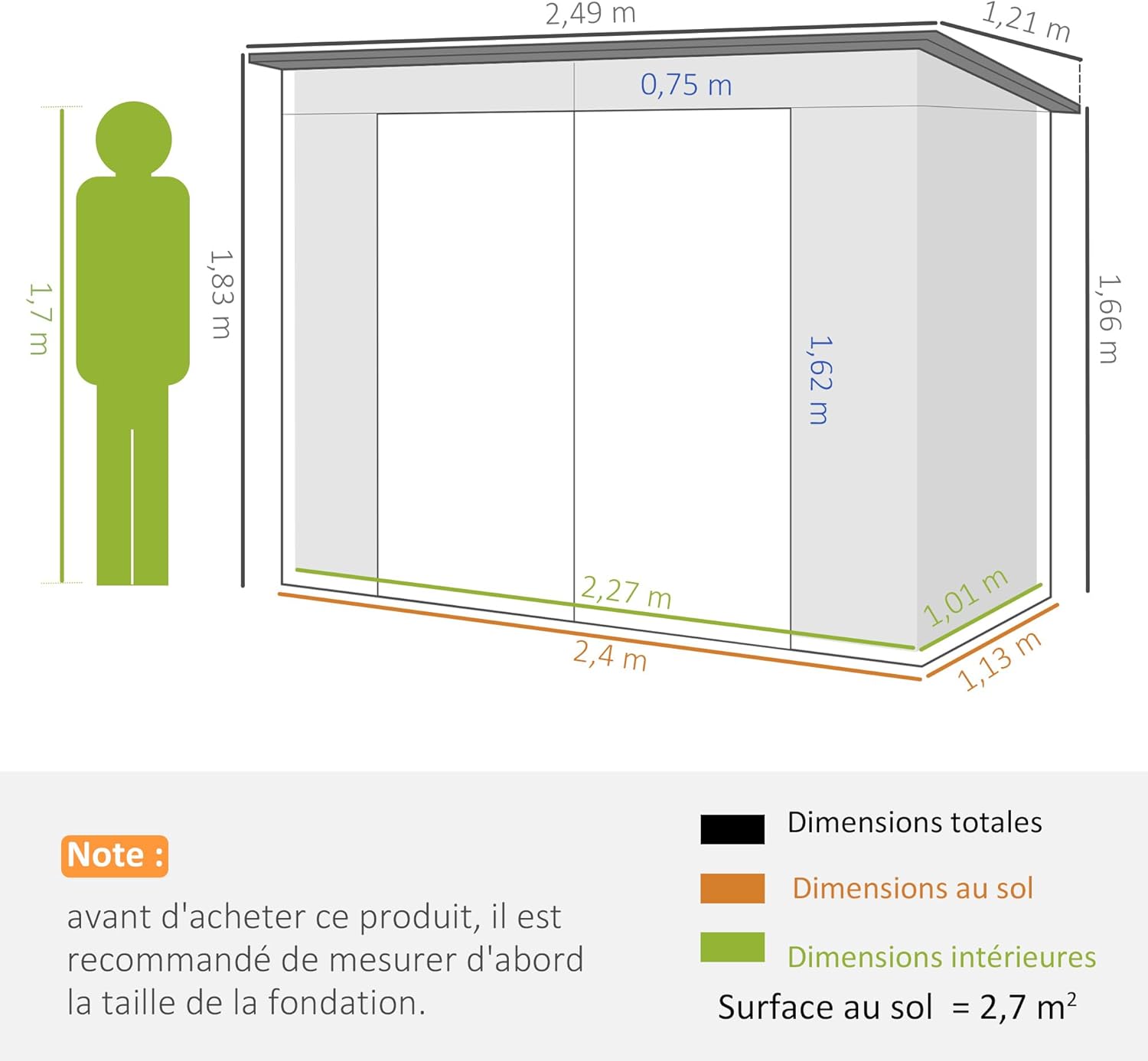 Outsunny - Abri de jardin métal 3 m² - 249x121x183 cm - acier galvanisé, portes verrouillables, aérations