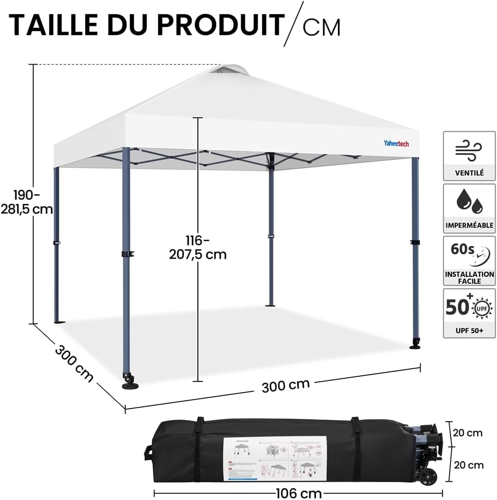 Yaheetech - tonnelle pop-up 3x3m, UV 50+, transport, blanc
