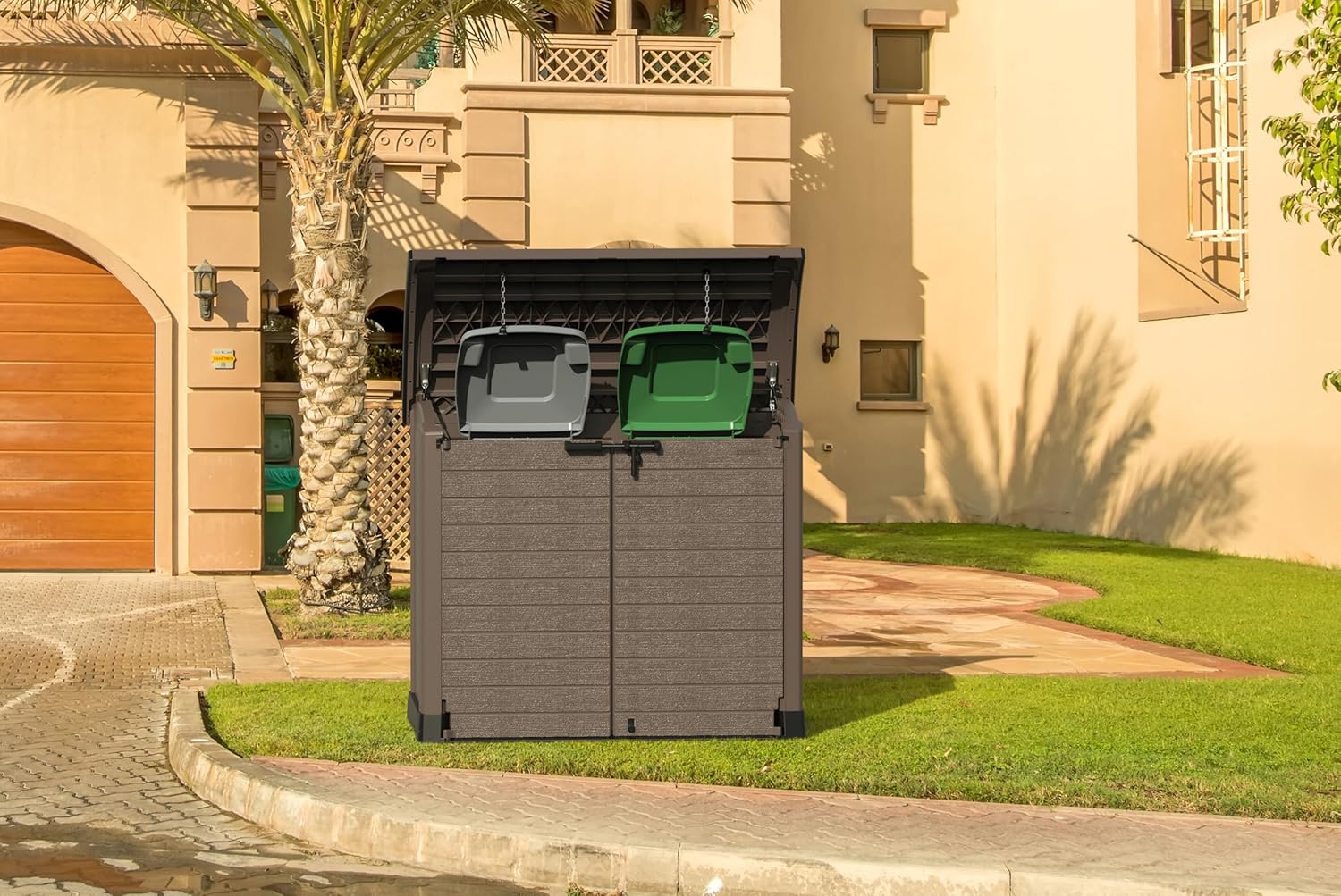 Duramax Cedargrain StoreAway 1200L Abri de jardin en plastique / couvercle arc, Abri pour poubelles, Cache poubelles, Coffre de poubelle, Idéal pour les 2x 240L poubelles, 145x85x125 cm, Marron