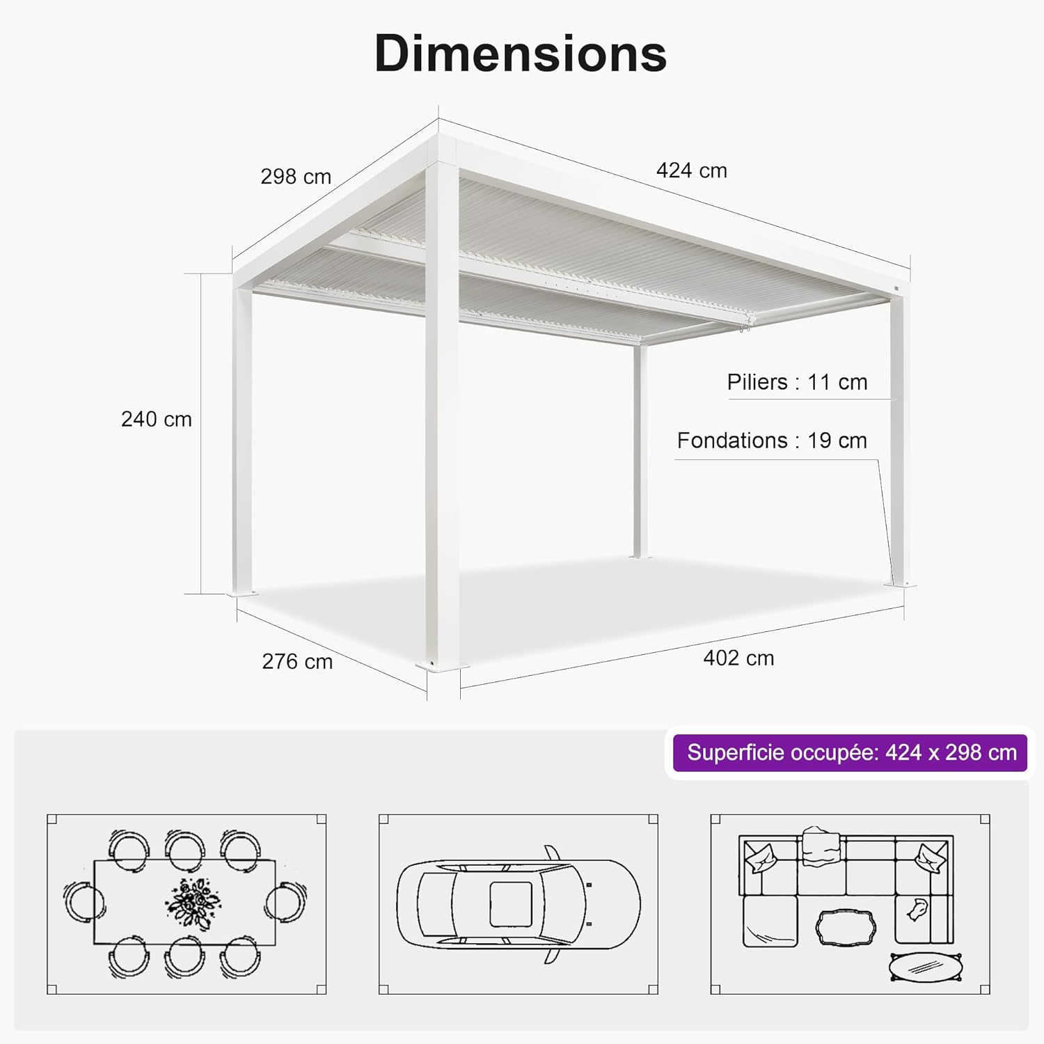 PURPLE LEAF - Pergola bioclimatique 4,24x3m - alu, LED, gouttières, blanc
