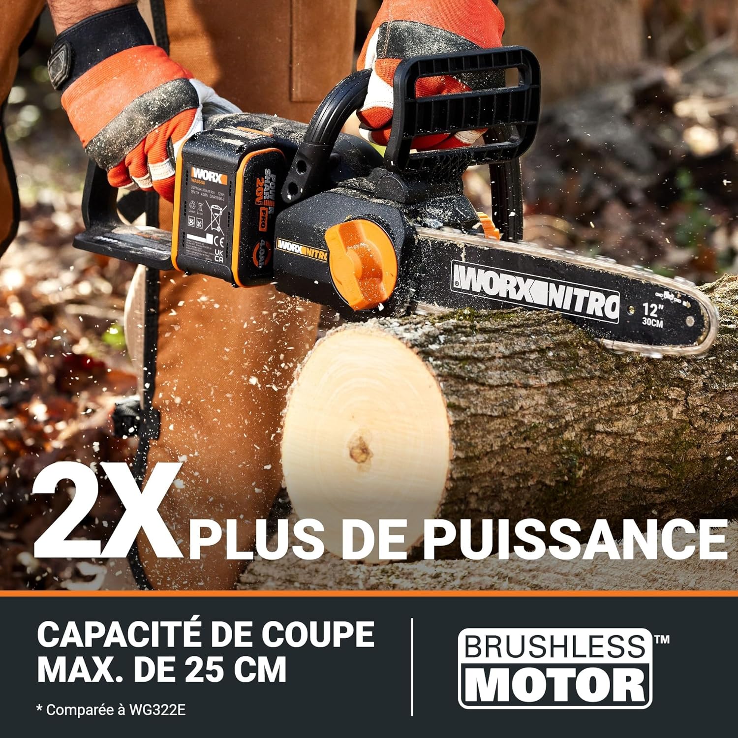 WORX - tronçonneuse sans fil 20V - guide 30cm - moteur brushless, lubrification auto, WG350E