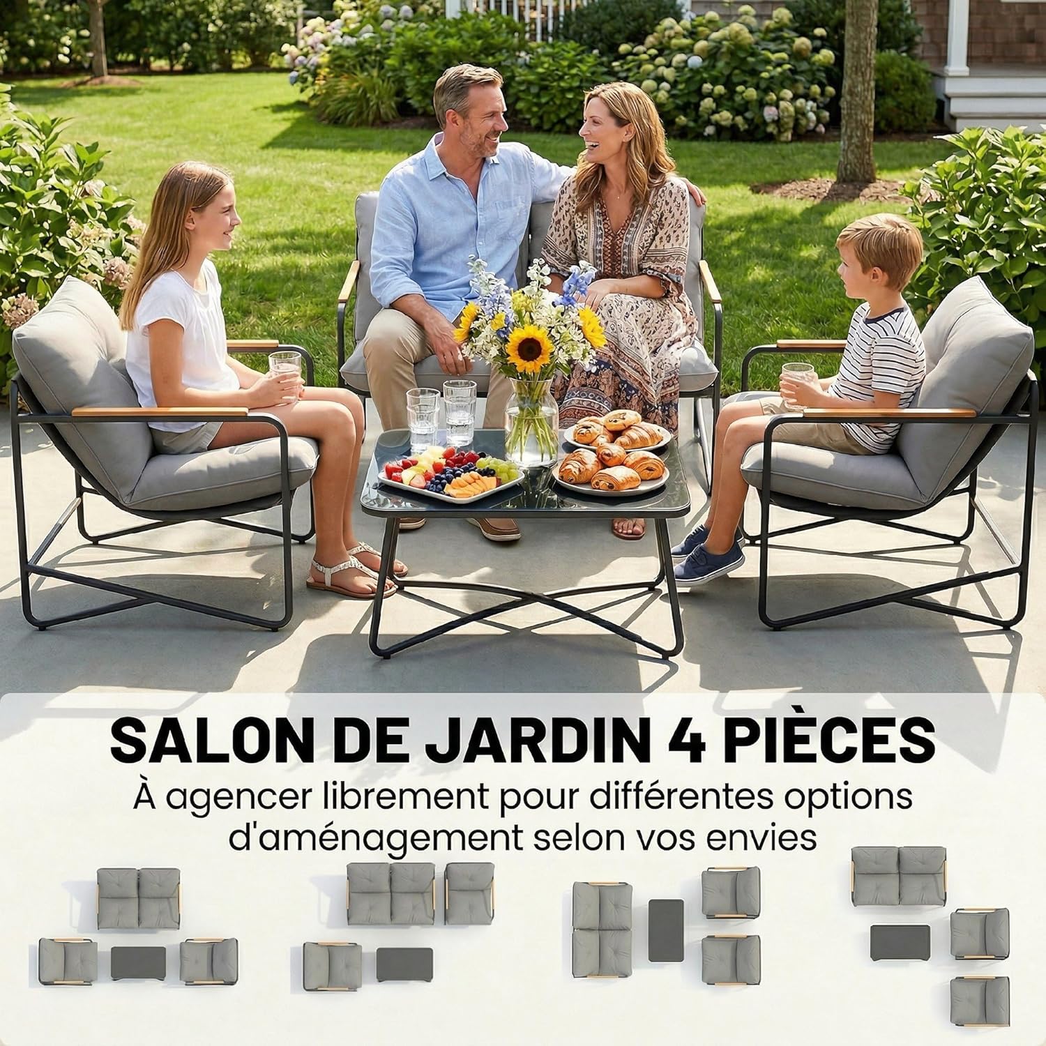 Outsunny - Salon de jardin 4 pièces, canapé 2 places, coussins épais, pieds réglables, gris clair