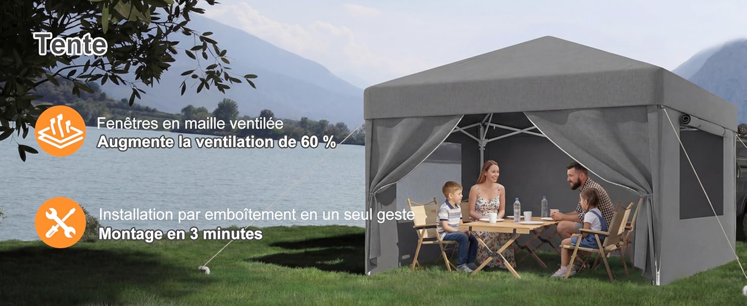 Tente à baldaquin escamotable grise avec panneaux en maille installés sur l'herbe, affichant les repas en famille à l'intérieur. Deux icônes circulaires visibles dans le coin inférieur gauche.
