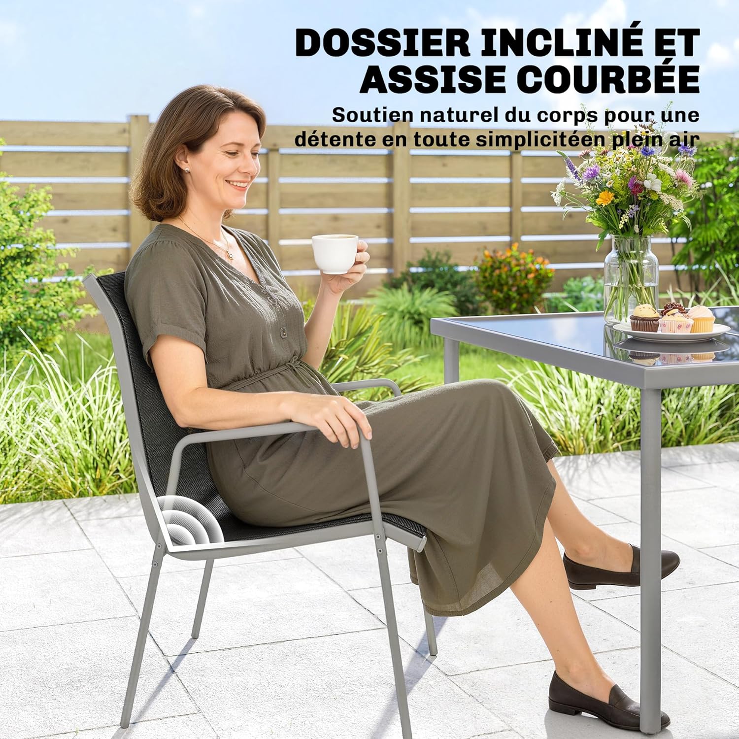 Outsunny - salon jardin 6 personnes - table verre, chaises empilables, textilène, argent