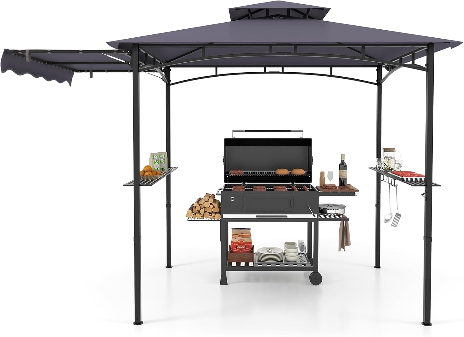 GOPLUS Tonnelle pour Barbecue avec Auvent Latéral, Abri Barbecue Extérieur avec Dessus à 2 Niveaux, Crochets, Décapsuleur, Dessus Souple, pour Jardin, Cour (242+84x126x250CM|Gris Foncé)