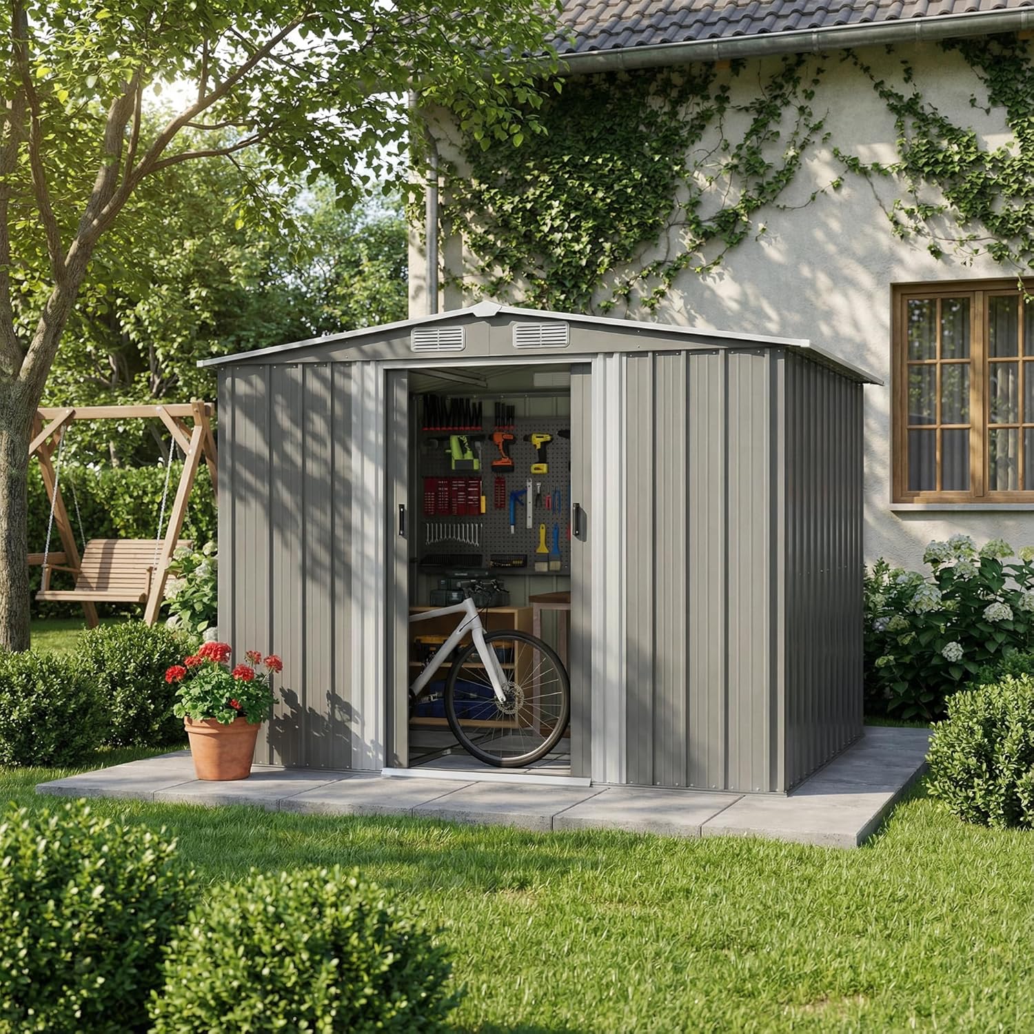 Devoko - abri de jardin métallique - 8x6ft - toit penté, ventilation, gris