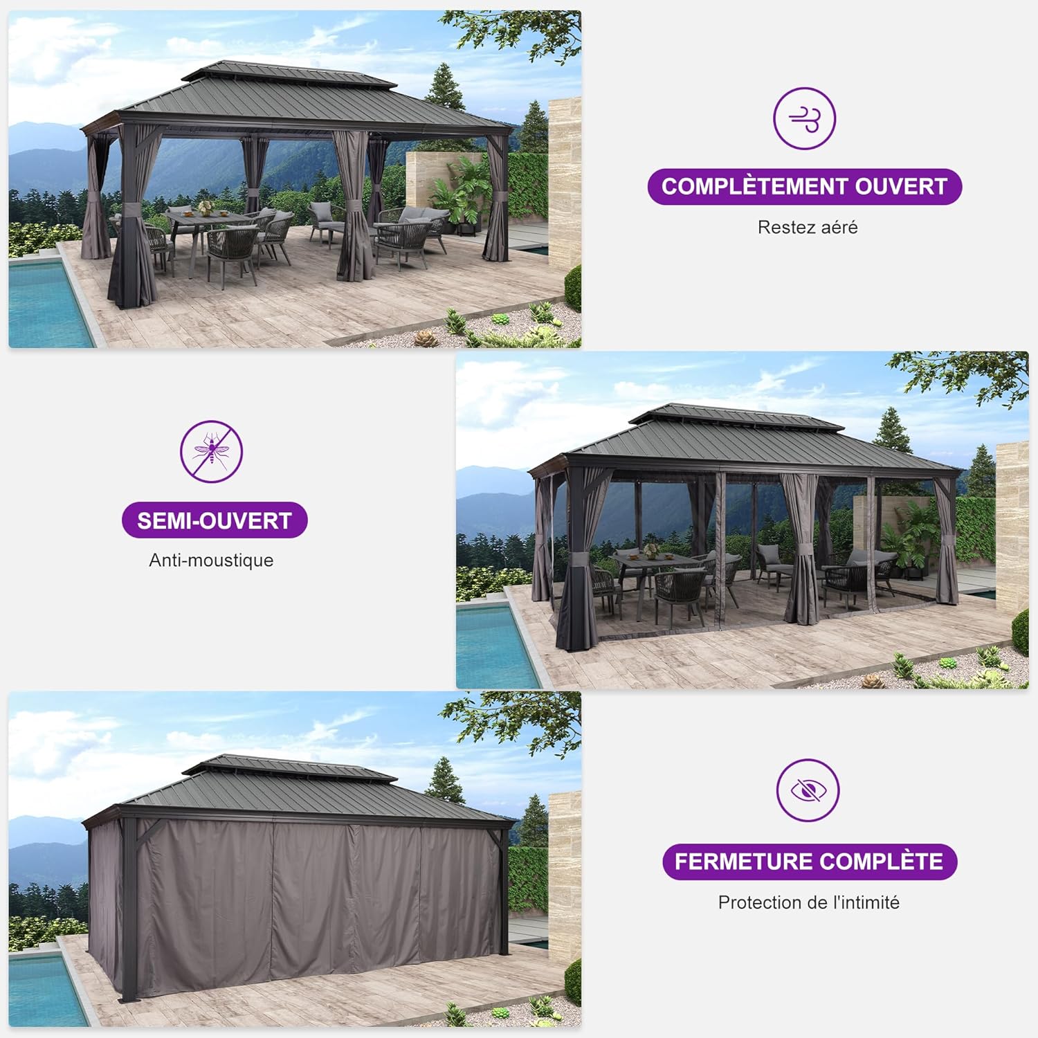 PURPLE LEAF - Pergola double toit acier - 6x3,65m - moustiquaire, rideaux, gouttière, poteaux renforcés