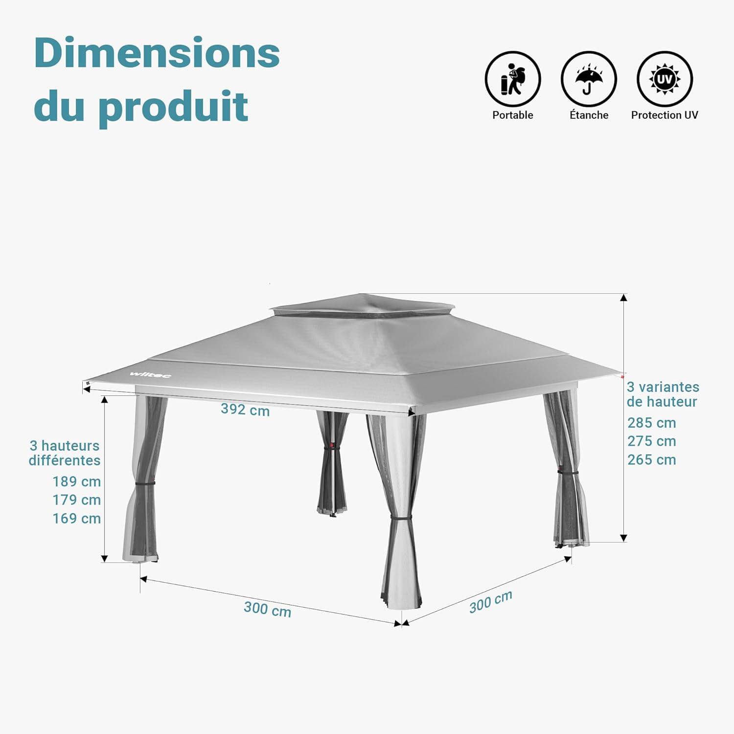 Wiltec - Pavillon pliant 4x4m - gris, moustiquaire, sac à roulettes