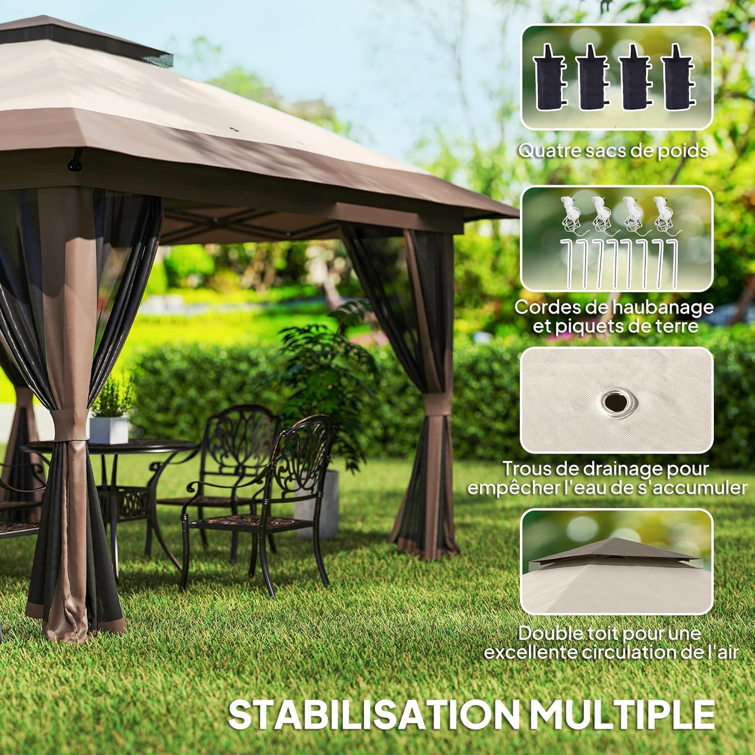 Outsunny - Tonnelle pop-up 4x4 m, double toit, moustiquaires, UV50+