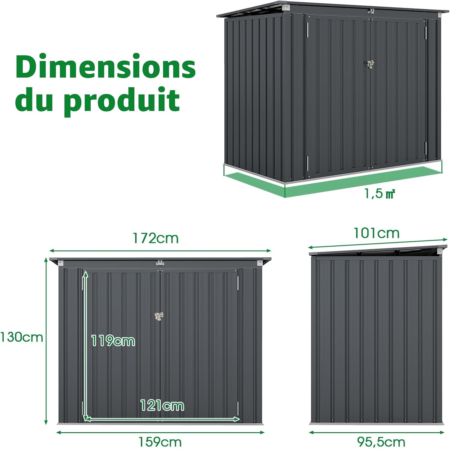 HOMASIS 1.7m Abri de Jardin Métal Exterieur avec Couvercle Rabattable, Cabane de Jardin avec Double Porte, Abri à Outils Structure Renforcée, Haute Résistance pour Ferme, Terrasse,172 x 101 x 130 cm