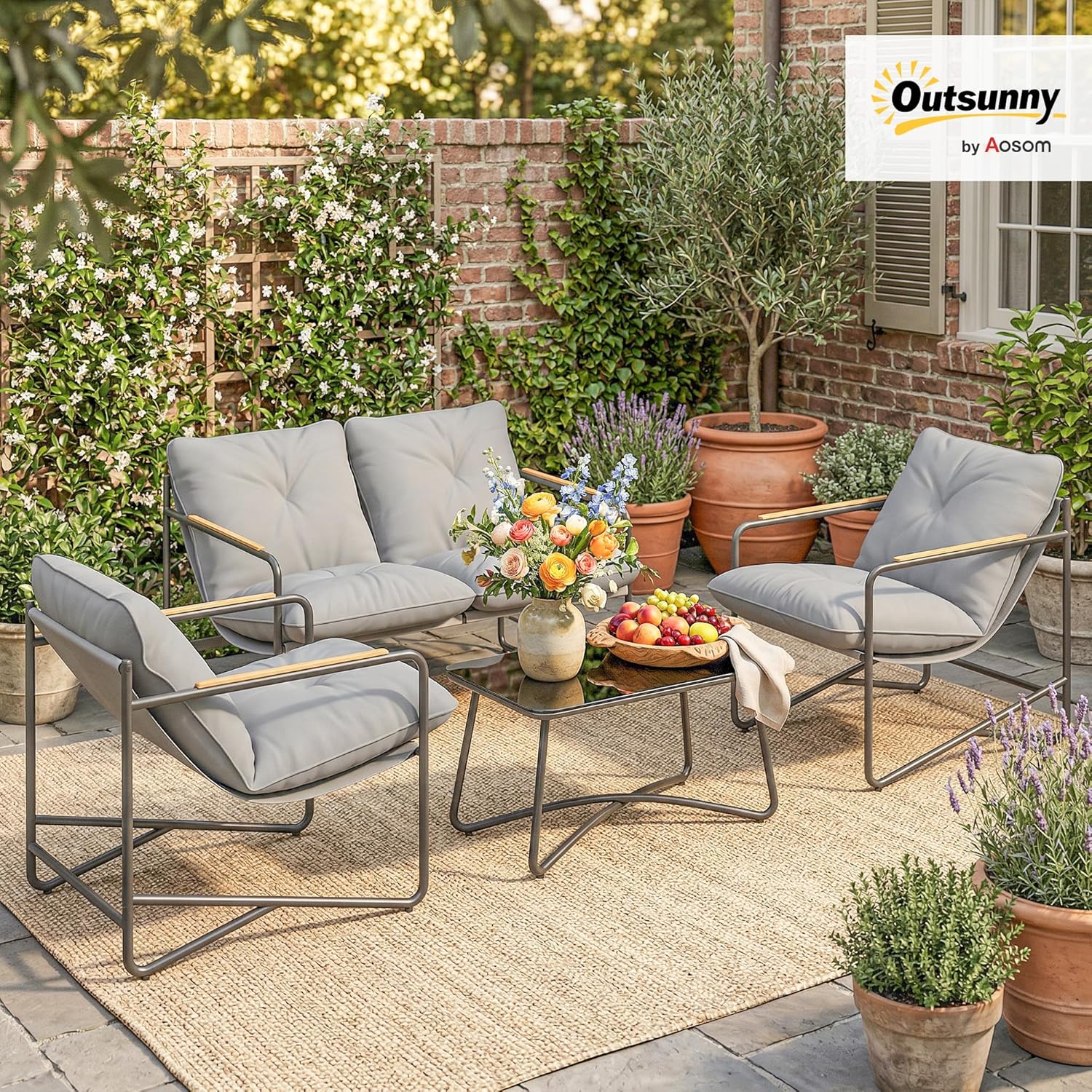 Outsunny - Salon de jardin 4 pièces, canapé 2 places, coussins épais, pieds réglables, gris clair