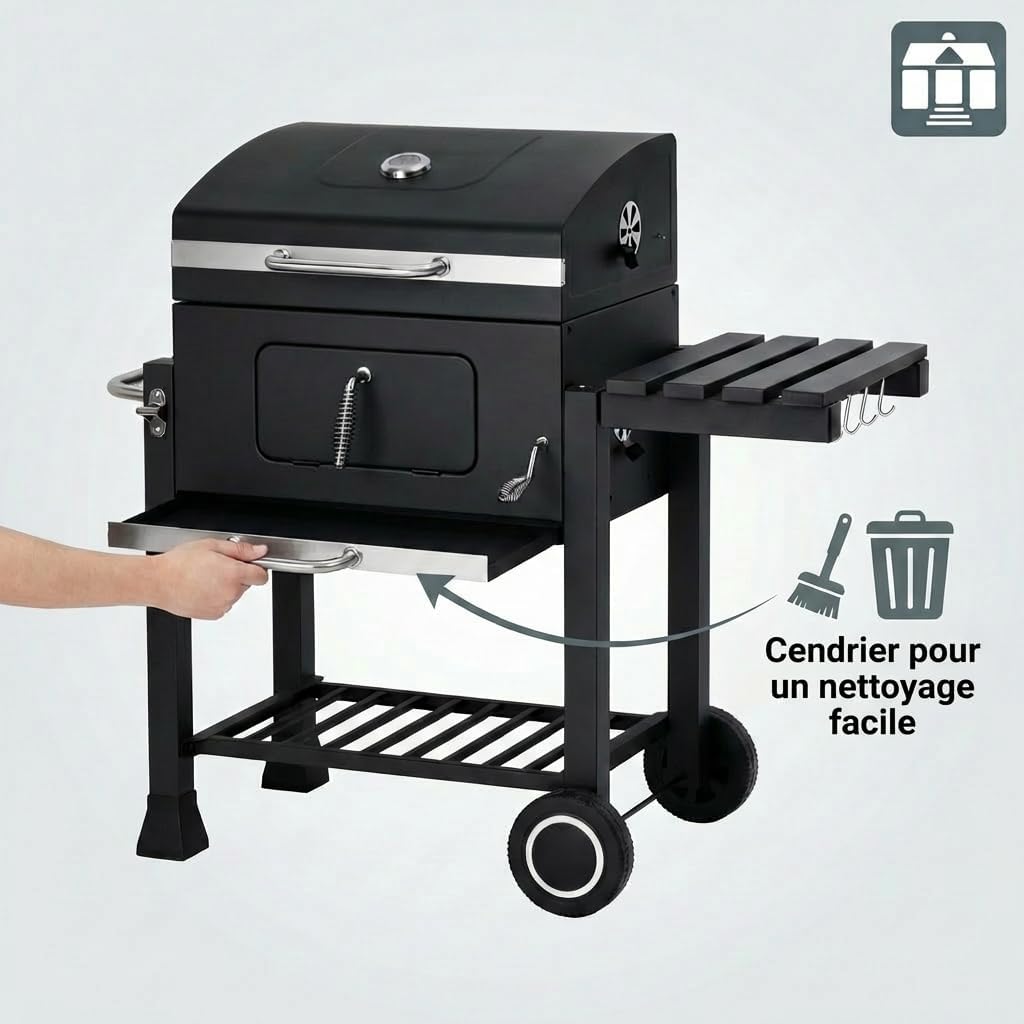 Tarrington House - Memphis - acier, grille, tablette pliable, roulettes, thermomètre, bac à cendres