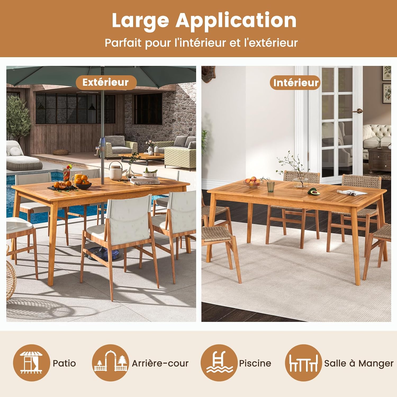 GOPLUS - table de salle à manger extérieur - 90x170 cm - bois acacia, 6-8 pers, trou parasol intégré, charge 160 kg