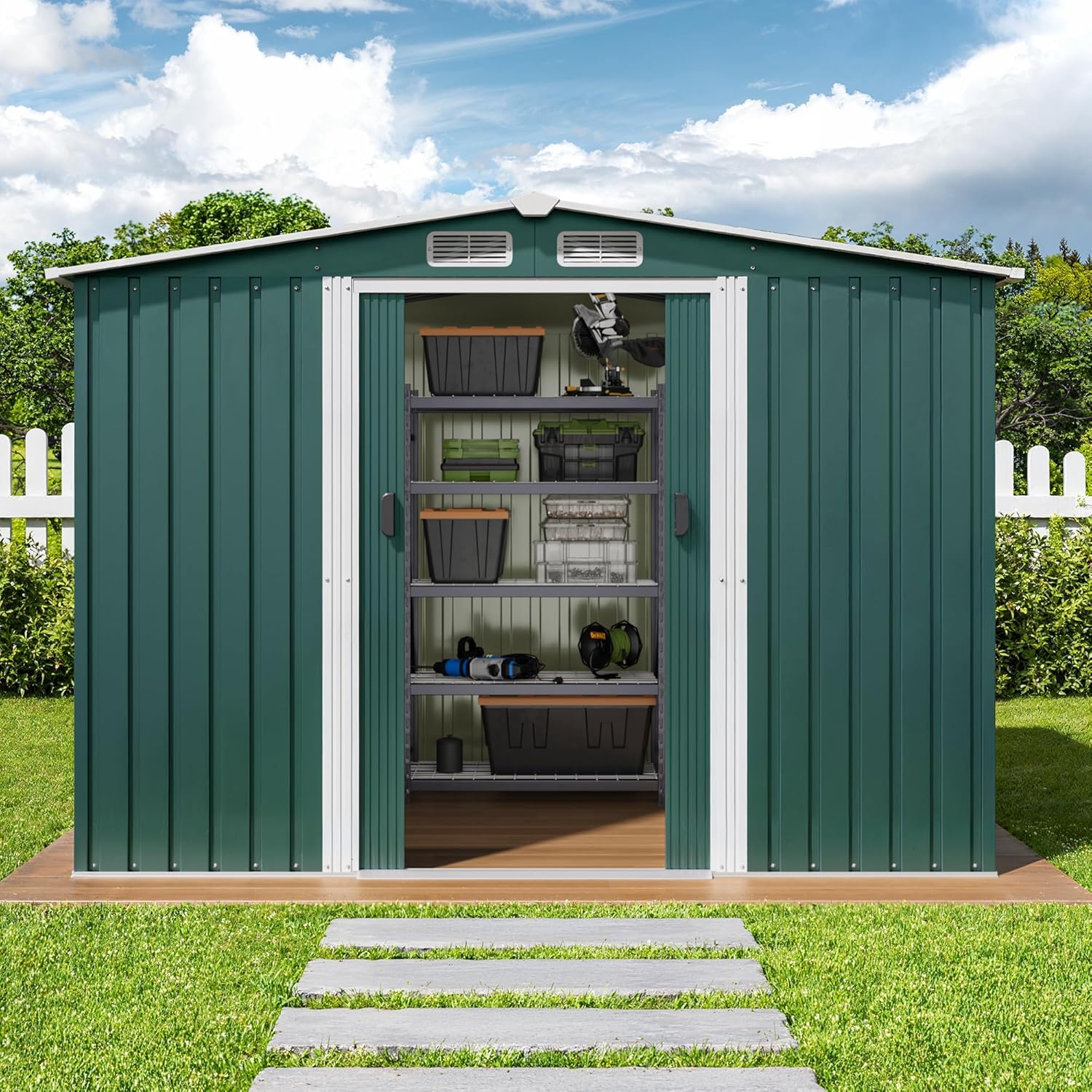 Abri de jardin en métal - 247 x 193 x 179 cm - Avec toit en pente et porte coulissante - Abri à outils avec serrure et gants (vert)