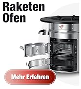 Le texte indique « Raketen Ofen » et « Mehr Erfahren ». Poêle-fusée en acier inoxydable avec design à chambres multiples illustré sur fond blanc.