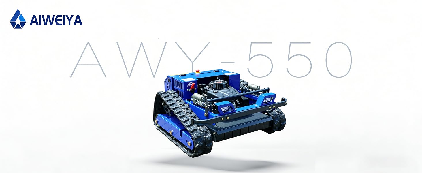 Le texte indique « etevila » et « AW-550 ». Véhicule robotique à chenilles bleu avec des marches en forme de char, représenté en perspective 3D sur fond blanc. Image de présentation du produit technique.