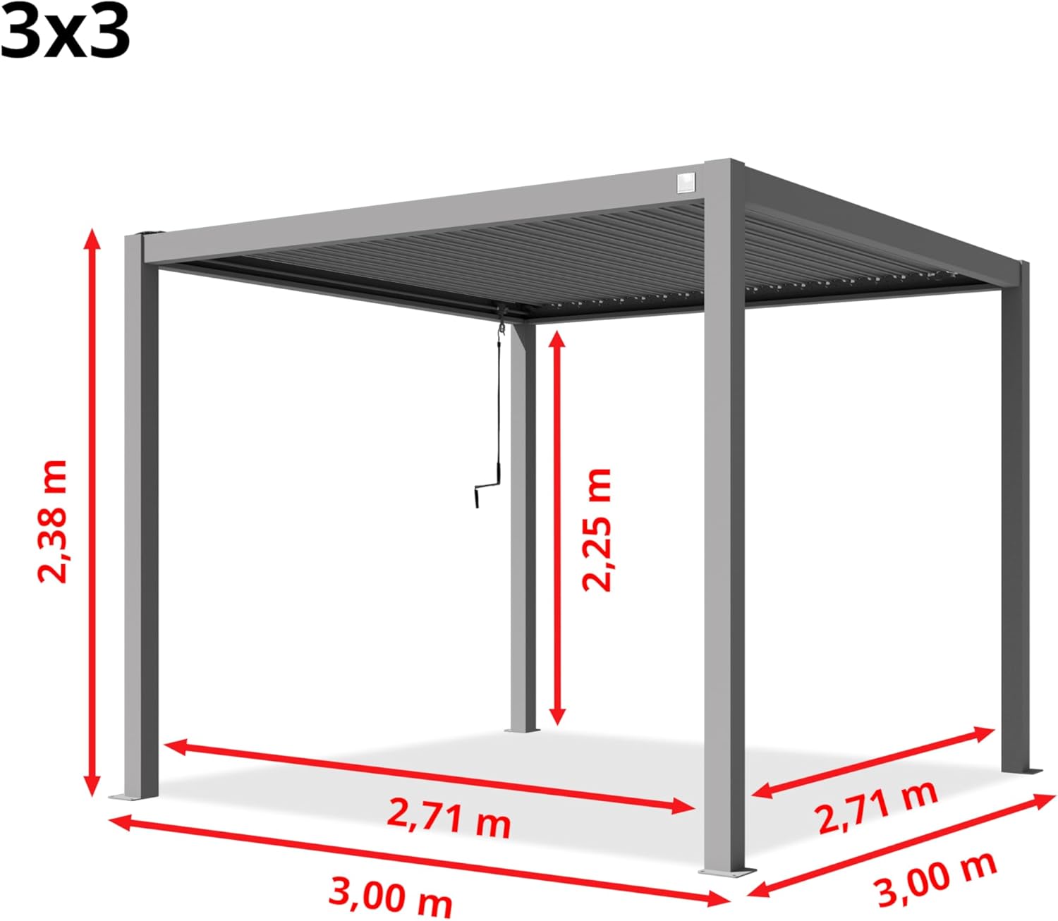 PRIMEYARD - Pergola série aluminium - 3x3 m - Lames acier orientables - Gris