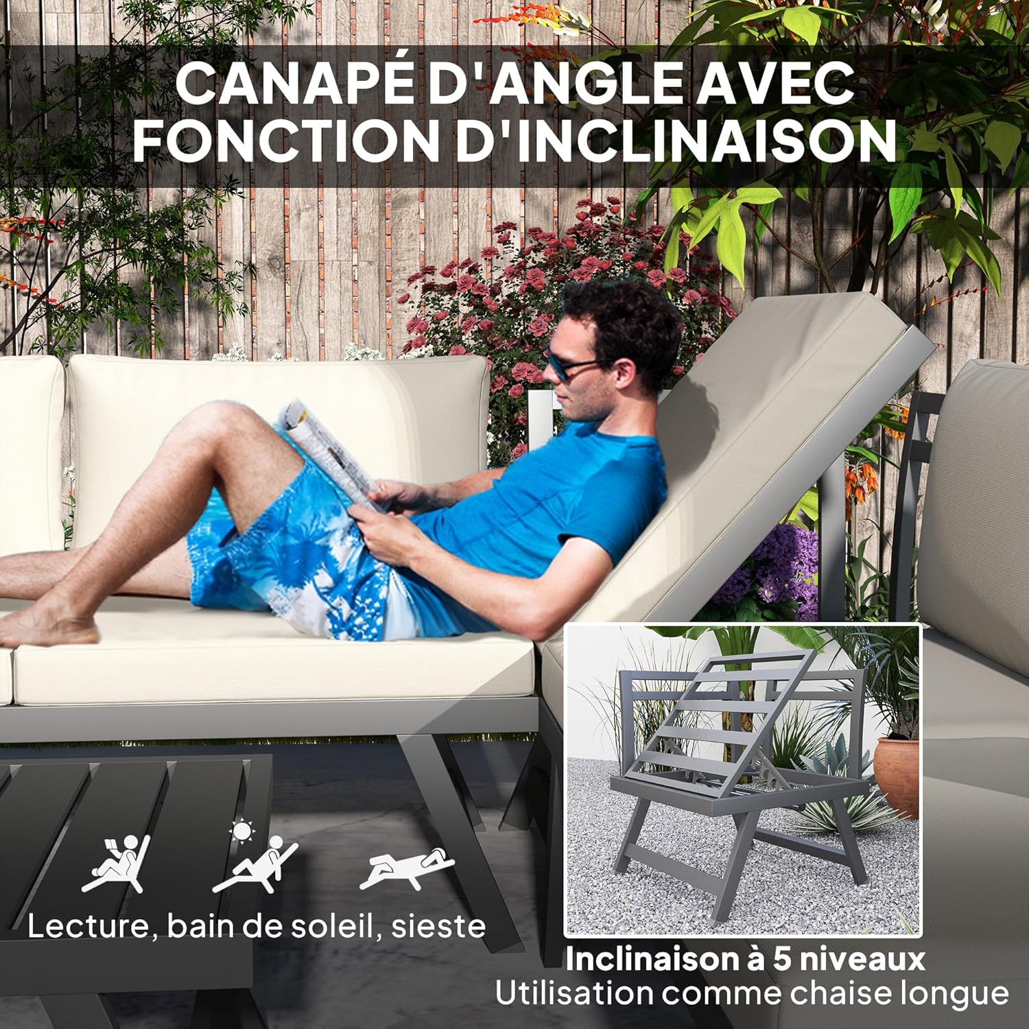 Outsunny - salon de jardin d'angle convertible 4 pcs - alu et acier, coussins, beige