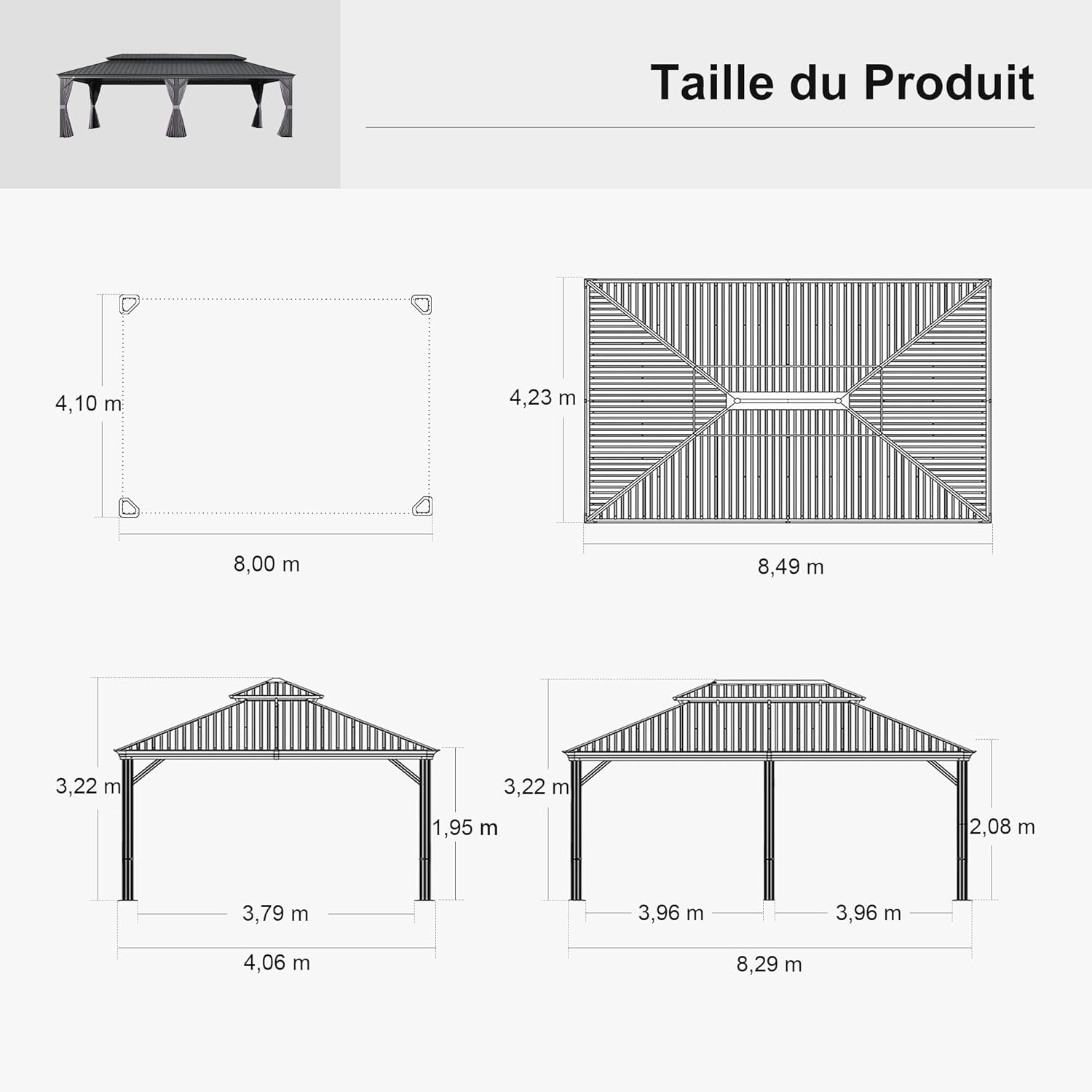 PURPLE LEAF - Pergola série extérieure - 8,5x4,25m - alu, LED, rideaux, moustiquaires, gouttière