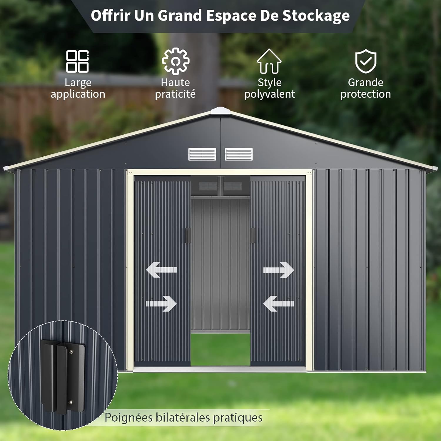 COSTWAY Abri de Jardin Métal 10㎡ 2 Portes Coulissantes Verrouillables, 4 Trous d’Aération, Toit Penché, Cabane Jardin Exterieur Gris pour Vélo, Poubelle, 340 x 319 x 210 cm