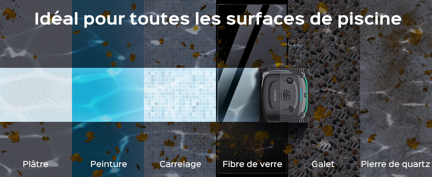 Le texte indique « Idéal pour toutes les surfaces de piscine » (Idéal pour toutes les surfaces de piscine). Échantillons de palette de couleurs présentés : blanc, bleu clair, turquoise, gris, gris foncé et échantillons de texture supplémentaires.