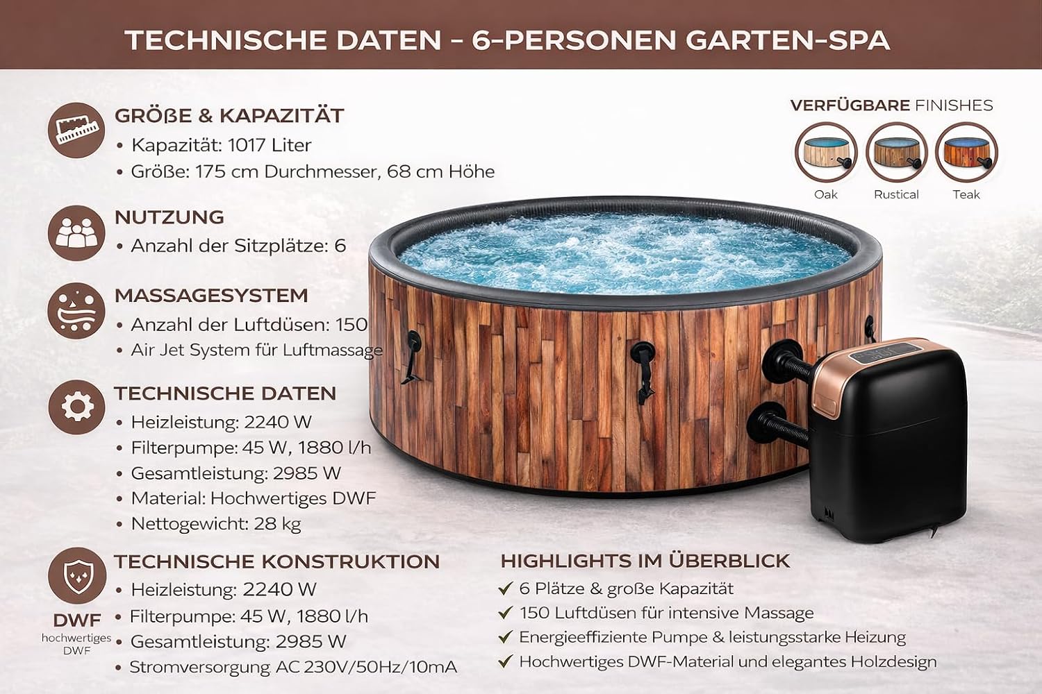 COIL - Spa gonflable 6 places DWF, aspect bois, hydromassage, gonflage rapide