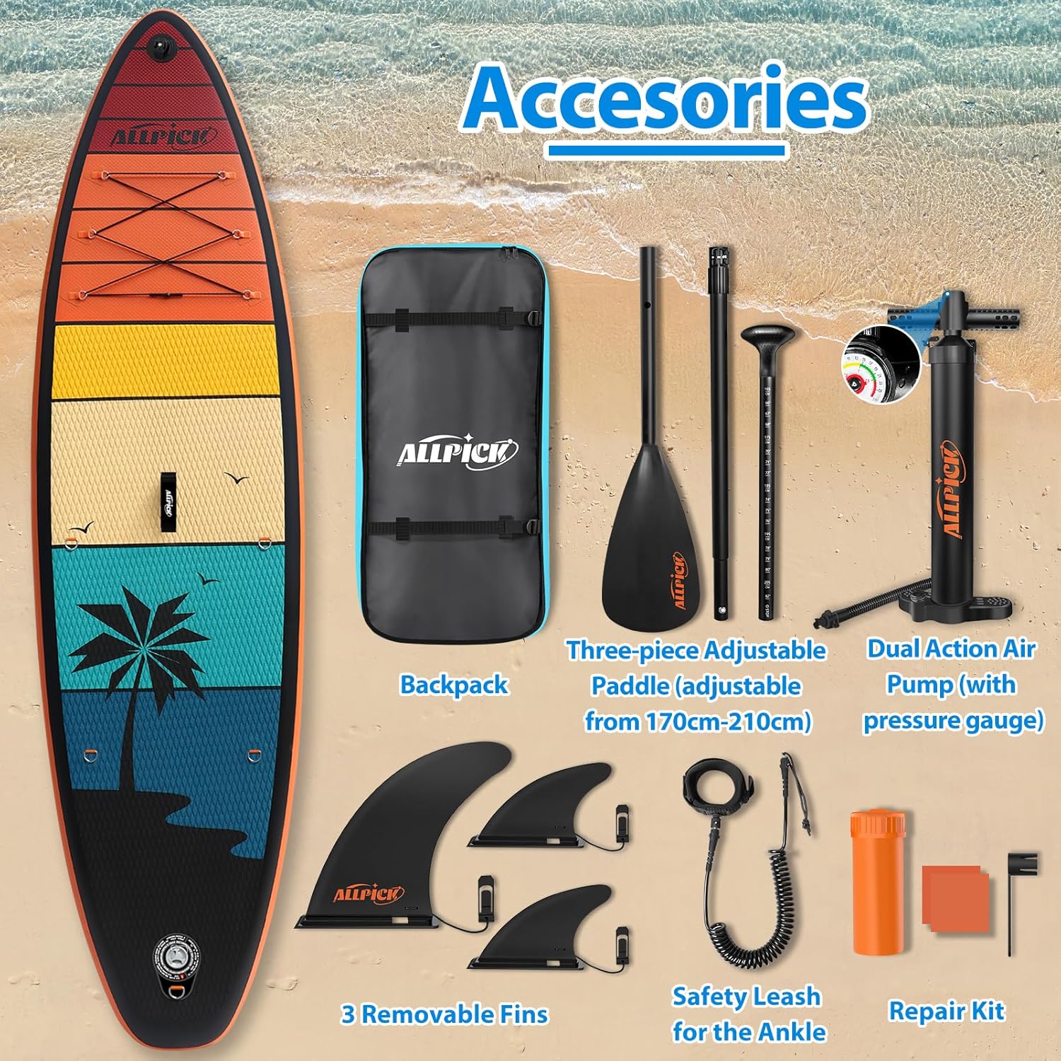 ALLPICK - paddle gonflable 320 cm - support caméra, pagaie réglable, 200 kg
