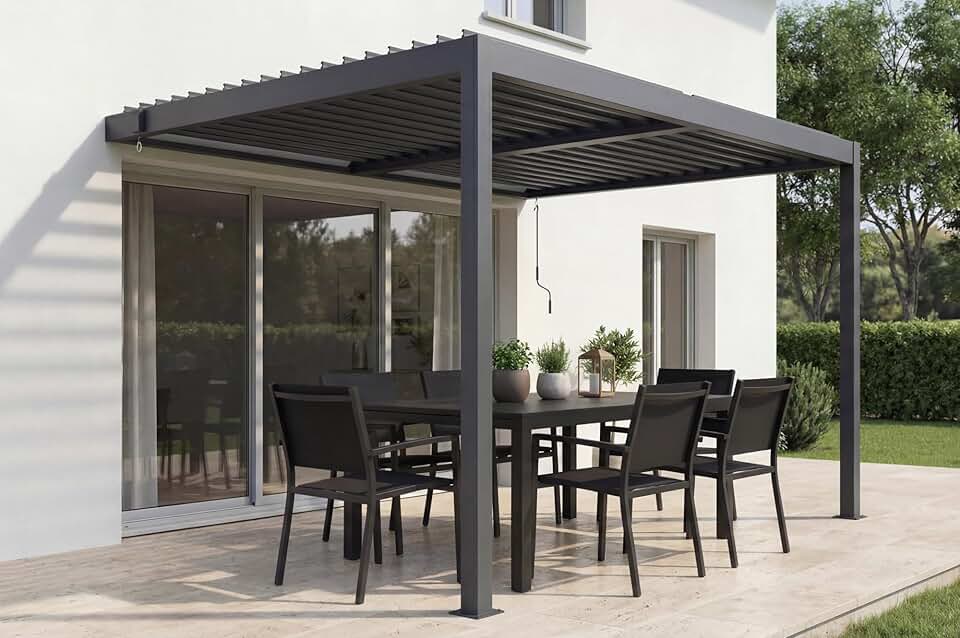 Cazeboo - Piana 3x2m - pergola adossée aluminium, gris, 1 persienne